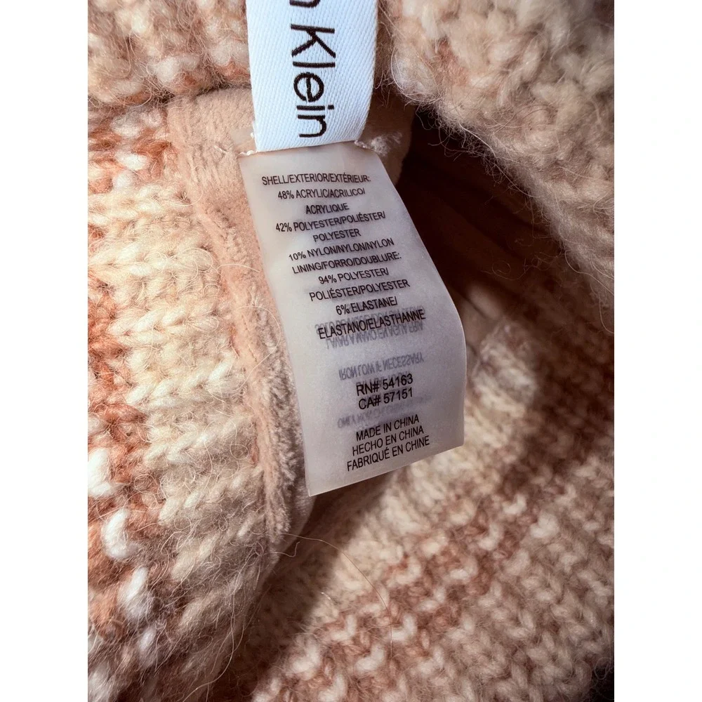 Calvin Klein Beanie Hat Tan‎ White Fleece Lined Knit Cuff Winter Beanie